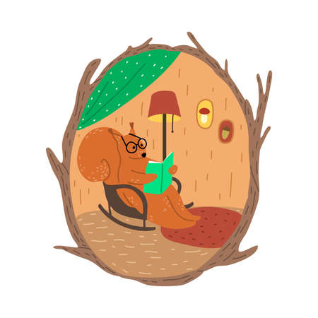 Brown squirrel in glasses sitting in armchair and reading book in cosy hollowのイラスト素材