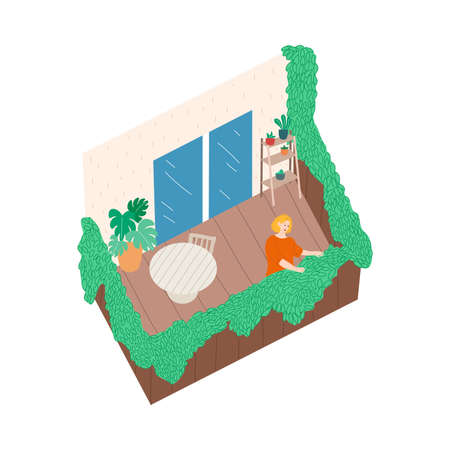 Smiling woman standing on balcony and touching green blooming plantのイラスト素材