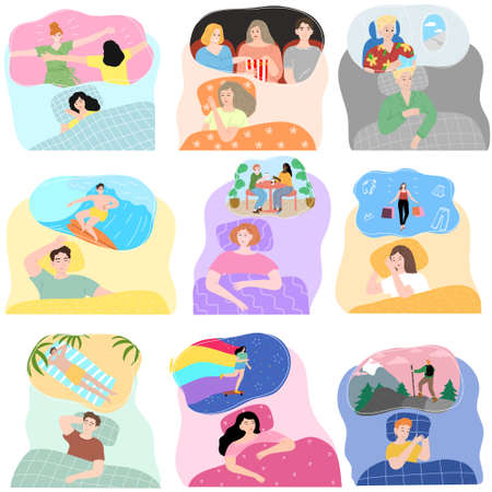 People sleeping in beds at home and having various dreams about lifeのイラスト素材