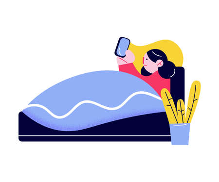 Sick woman lying in bed at home and getting online help from doctorのイラスト素材
