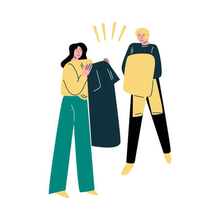 Young couple trying and holding new clothes in shop during shoppingのイラスト素材