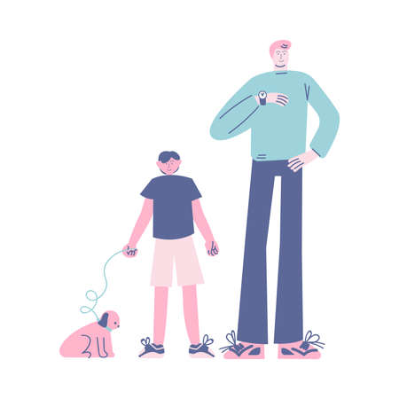 Father and his son with dog standing in queue and waiting for turnのイラスト素材