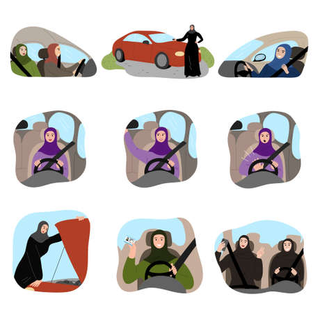 Set of Muslim Arab women wearing traditional ethnic clothing hijab driving a car. Vector illustration in the flat cartoon style.のイラスト素材