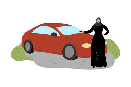 Muslim Arab woman wearing traditional ethnic clothing hijab standing near by car. Vector illustration in flat cartoon style.のイラスト素材