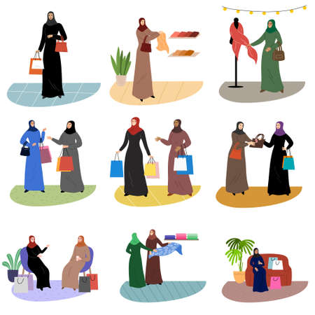 Set of Muslim Arab women wearing traditional ethnic clothing hijab holding shopping bags. Vector illustration in the flat cartoon style.のイラスト素材