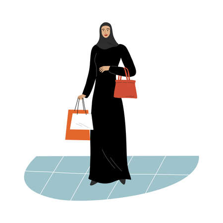 Muslim girl in a traditional ethnic black hijab standing with shopping bags. Vector illustration in flat cartoon style.のイラスト素材