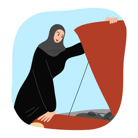Muslim Arab woman wearing traditional ethnic clothing hijab standing nearby car with an open hood. Vector illustration in flat cartoon style.のイラスト素材