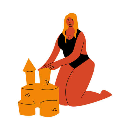 A blond-haired plump woman in black swimsuit building sandcastle on a beach. Vector illustration in flat cartoon styleのイラスト素材