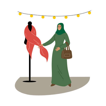 Muslim girl in a traditional ethnic green hijab choose fabrics in the store. Vector illustration in flat cartoon style.のイラスト素材