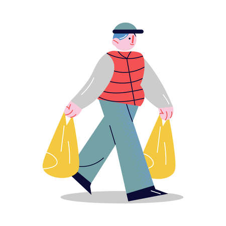 Young man carrying food in bags and helping elderly personのイラスト素材