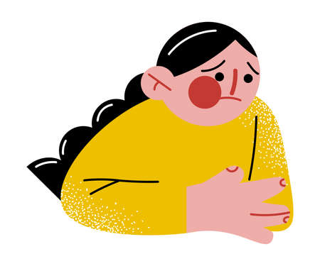 Hand drawn little afraid girl feeling depressed of bullying over white background vector illustration. Bullying and emotional harassment conceptのイラスト素材