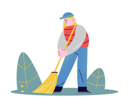 Hand drawn young woman sweeping floor and helping elderly person to clean up over white background vector illustration. Care of elderly people conceptのイラスト素材