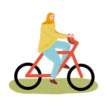 Hand drawn young smiling muslim woman in hijab and sport clothing riding bike outdoors over white background vector illustration. Modern muslim woman conceptのイラスト素材