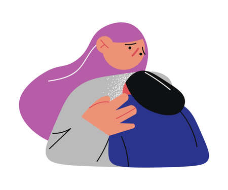 Hand drawn sad mother hugging her small daughter victim of domestic violence from father over white background vector illustration. Home violence conceptのイラスト素材