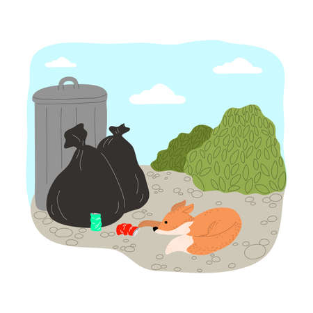 Fox checking plastic bottles for drink in trash in cityのイラスト素材