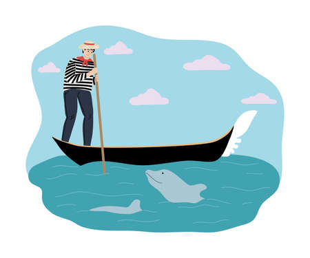 Blue dolphin in sea smiling to man in boat near city shoreのイラスト素材