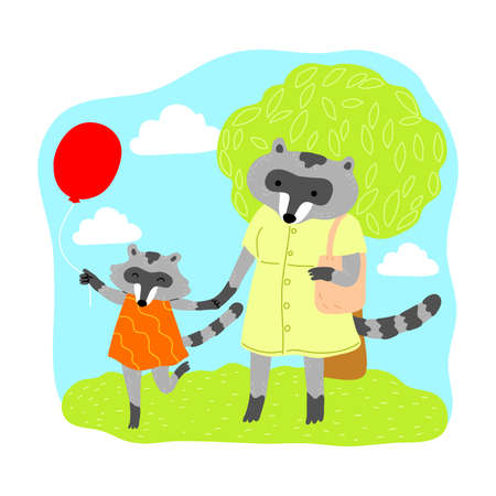 Baby raccoon holding balloon and enjoying walk with motherのイラスト素材