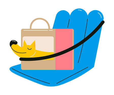 Yellow dog in pet carrier enjoying journey on cars seatのイラスト素材