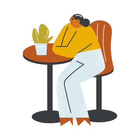 Girl sitting on chair and waiting for order on open veranda of cafeのイラスト素材