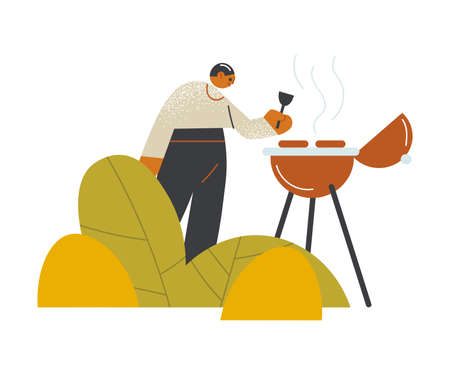 Young man making barbeque outdoors on open veranda of cafeのイラスト素材