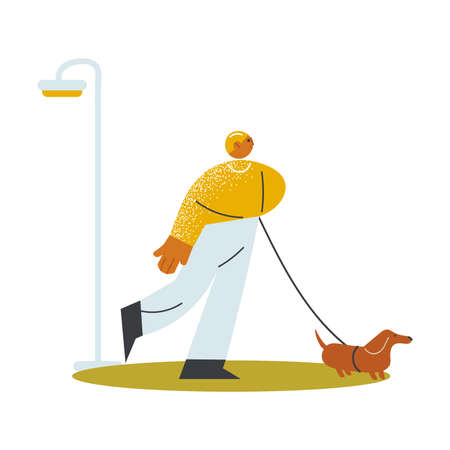 Man walking his dog to get to open veranda of cafe for lunchのイラスト素材