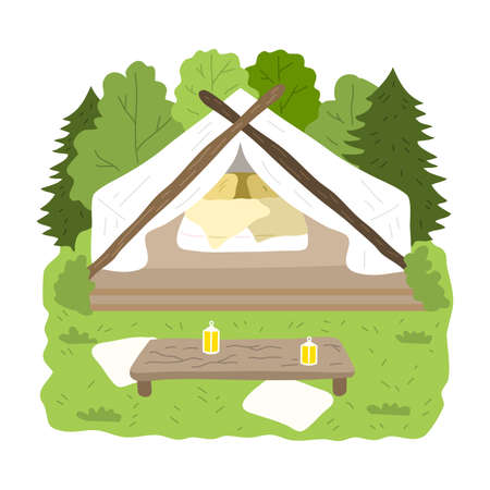 Glamping house for stay with bedroom inside surrounded by green forest and tableのイラスト素材