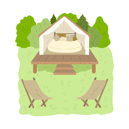 Glamping wooden house with bedroom inside surrounded by green forest and chairsのイラスト素材