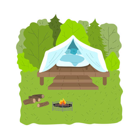 Glamping wooden house with bedroom surrounded by green forest and fireのイラスト素材