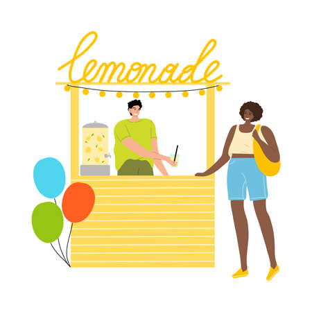 Black woman buying fresh lemonade in street store during summer festivalのイラスト素材