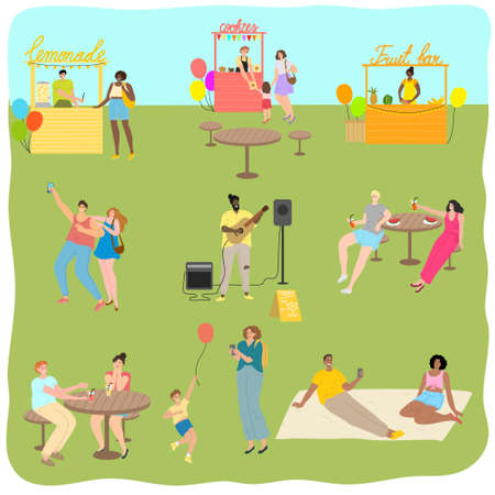 People enjoying activities and street food and drinks during summer festivalのイラスト素材