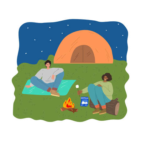Couple relaxing and baking marshmallows on fire during traveling on wild natureのイラスト素材