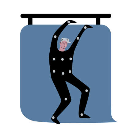 Actor in costume moving and playing role over blue wall during cinema productionのイラスト素材