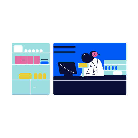 Stores with medicines and hugiene products and young pharmacist in pharmacy