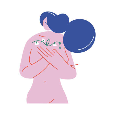 Naked woman standing and covering breast with hands and white flowersのイラスト素材