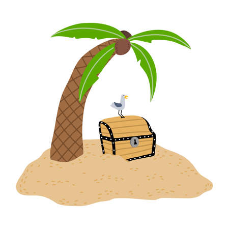 Pirates closed wooden treasure chest on sand under palmのイラスト素材