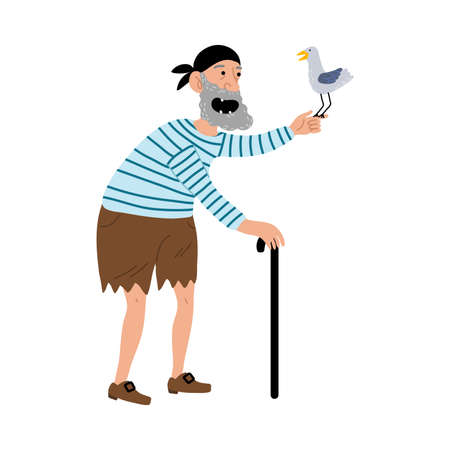 Old toothless pirate in vest and bandana with club holding seagull on handのイラスト素材