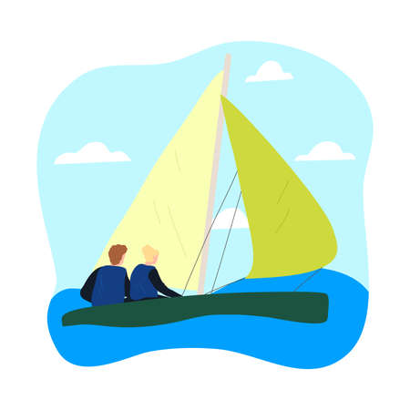 Couple in special costumes sitting in sailboat and enjoying trip under sailのイラスト素材