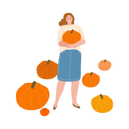 Woman farmer holding ripe pumpkin during harvesting in autumnのイラスト素材
