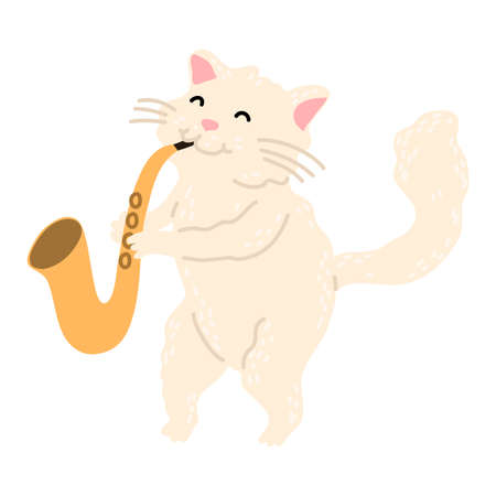 Positive white cat standing and playing saxophone vector illustrationのイラスト素材