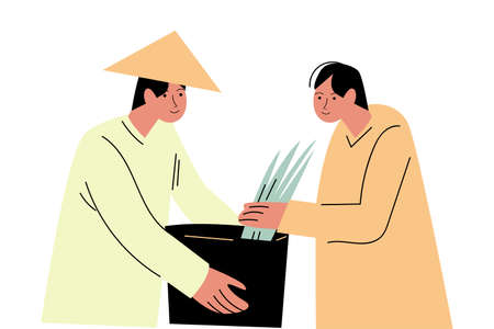 Two asian men farmers in special costumes picking rice and putting in basketのイラスト素材