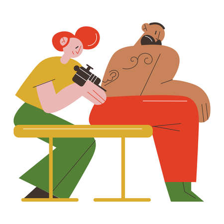 Woman tattoo master making tatoo on mans back in tattoo studioのイラスト素材