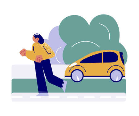 Woman walking near parked gas powered car in green cityのイラスト素材