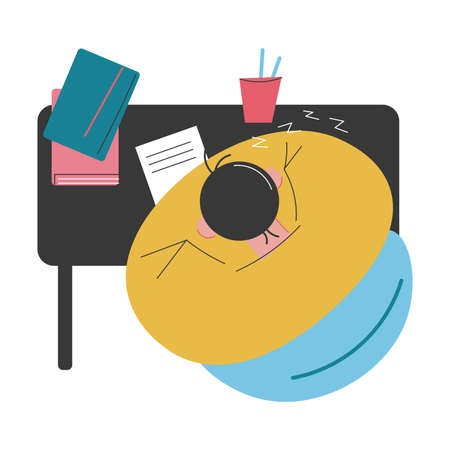 Top view of man sitting at desk during homework and sleepingのイラスト素材