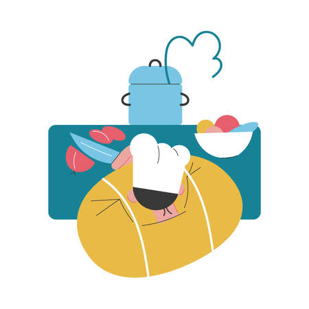 Top view of man cook standing, cutting vegetables and cookingのイラスト素材