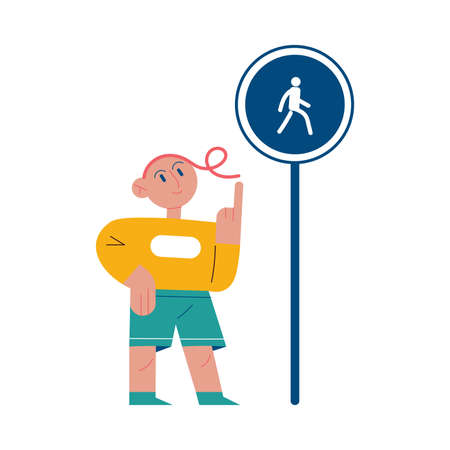 Boy looking at pedestrian zone road sign and memorizing traffic rulesのイラスト素材