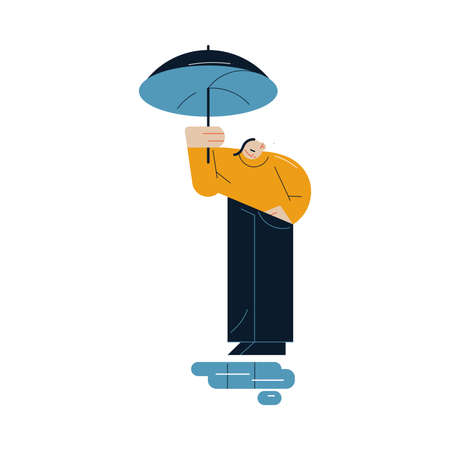 Sad man standing with umbrella and looking at puddles during rainのイラスト素材