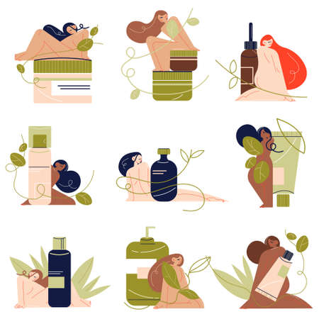 Set of women using natural organic cosmetics for skincare and bodycareのイラスト素材