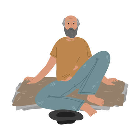 Homeless unshaven old man sitting on ground with hat and asking for coinsのイラスト素材