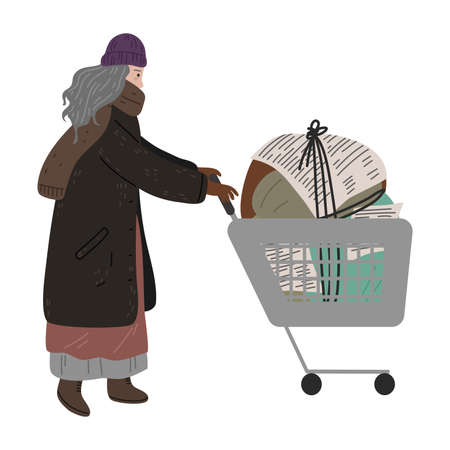 Homeless dirty woman carrying cart with things outdoorsのイラスト素材
