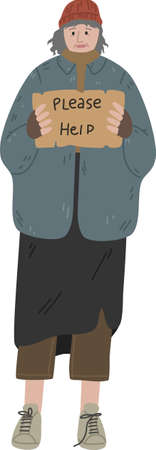 Homeless dirty woman or man standing with cardboard box and asking for helpのイラスト素材